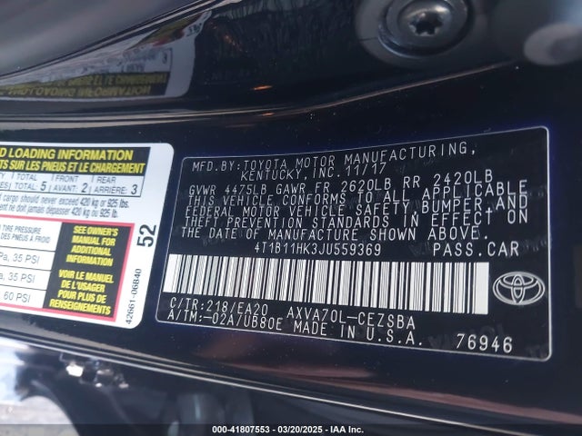 4T1B11HK3JU559369 Toyota CAMRY SE