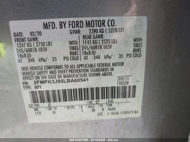 Ford EDGE SEL 2020 2FMPK3J95LBA60541 Image 9