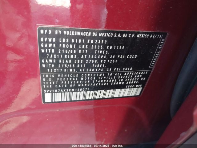 3VV3B7AX3KM130075 Volkswagen Tiguan 2.0t Se/2.0t Sel/2.0t Sel R-line/2.0t Sel R-line Black
