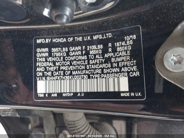 SHHFK7H36KU202730 Honda Civic Lx