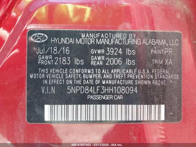 5NPD84LF3HH108094 Hyundai Elantra Limited