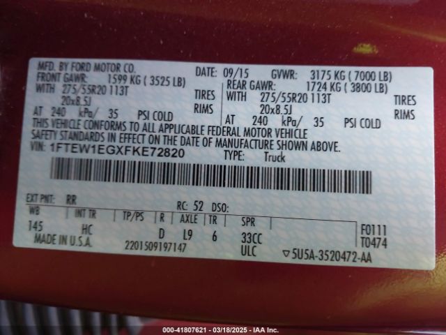 1FTEW1EGXFKE72820 Ford F-150 Lariat