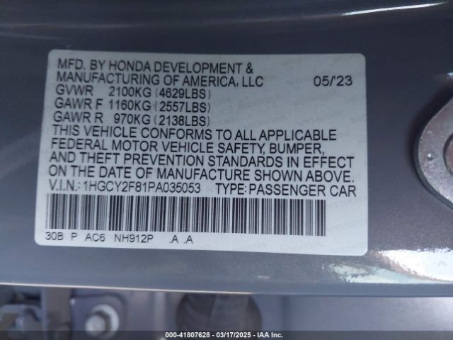 1HGCY2F81PA035053 Honda Accord Hybrid Touring