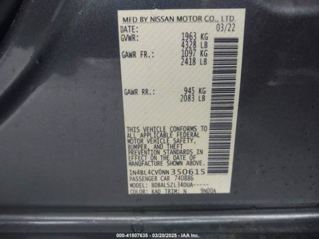 1N4BL4CV0NN350615 Nissan Altima Sr Fwd