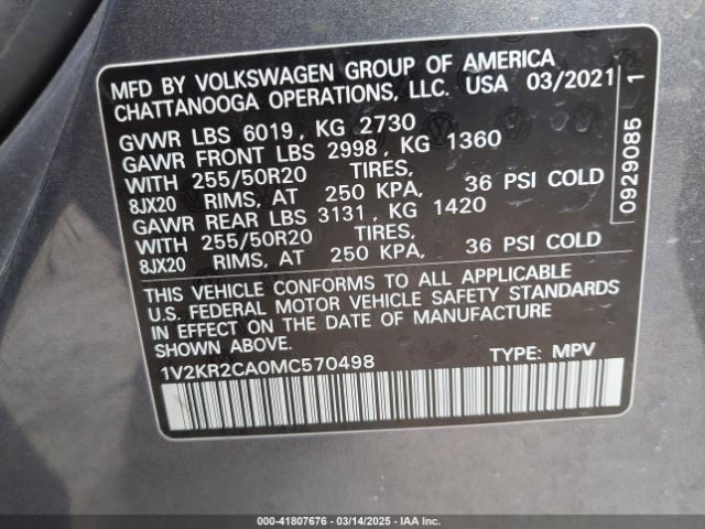 1V2KR2CA0MC570498 Volkswagen Atlas 3.6l V6 Se W/technology