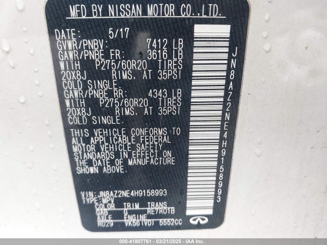 2017 Infiniti Qx80 მანქანა იყიდება აუქციონზე, vin: JN8AZ2NE4H9158993, აუქციონის ნომერი: 41807761