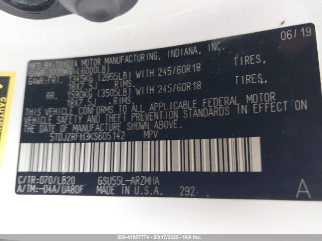 5TDJZRFH3KS605142 Toyota Highlander Xle