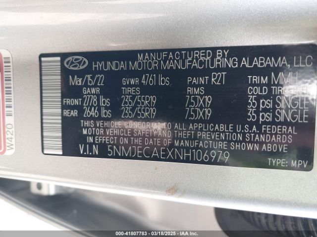 5NMJECAEXNH106979 Hyundai Tucson Limited