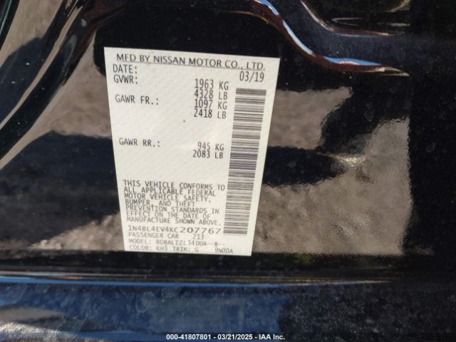 1N4BL4EV4KC207767 Nissan Altima 2.5 Sl