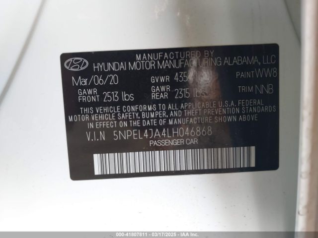 5NPEL4JA4LH046868 Hyundai SONATA SEL