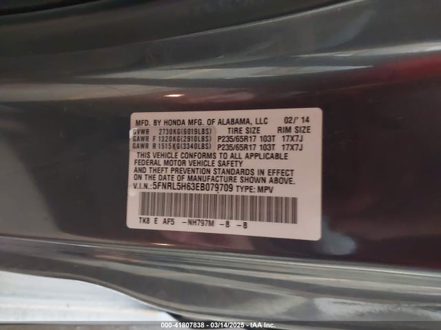 5FNRL5H63EB079709 Honda Odyssey Ex-l