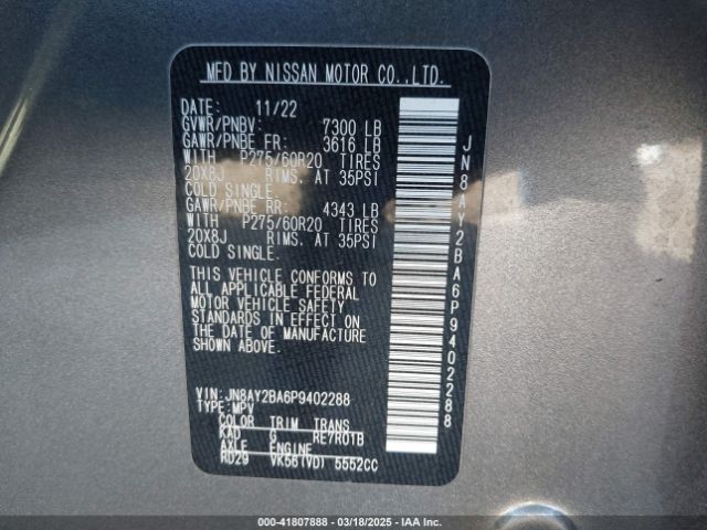 JN8AY2BA6P9402288 Nissan Armada Sl 2wd