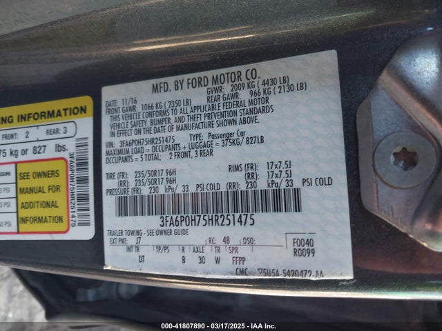 Ford FUSION SE 2017 3FA6P0H75HR251475 Image 9