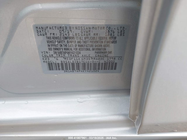3N1AB7AP4KY421024 Nissan 2019