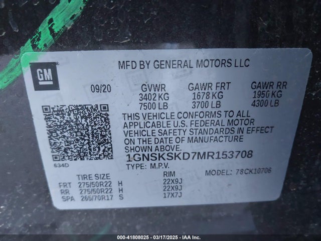1GNSKSKD7MR153708 Chevrolet Tahoe 4wd Premier