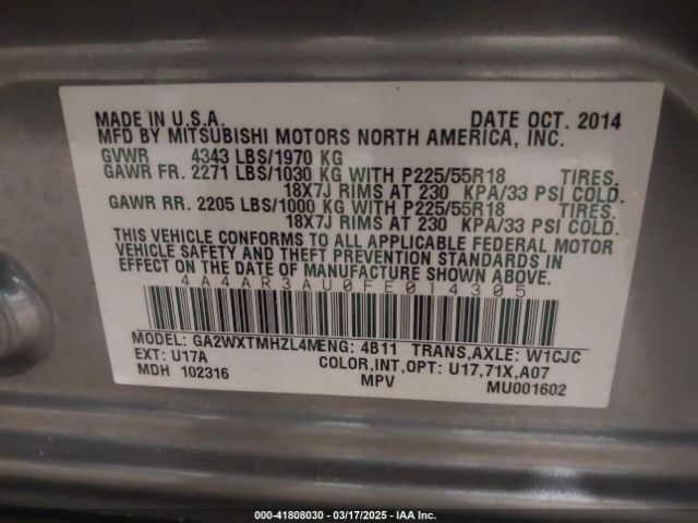 4A4AR3AU0FE014305 Mitsubishi Outlander Sport Es