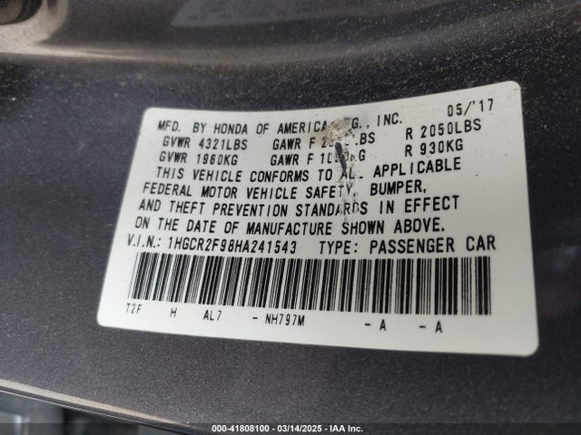1HGCR2F98HA241543 Honda Accord Ex-l