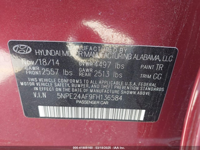 5NPE24AF9FH136584 Hyundai SONATA SE