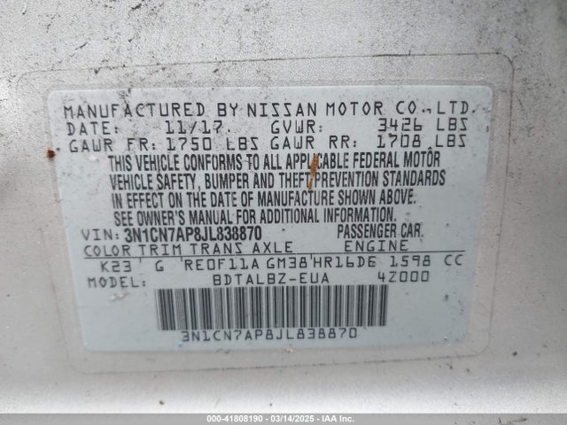 3N1CN7AP8JL838870 Nissan Versa 1.6 Sv