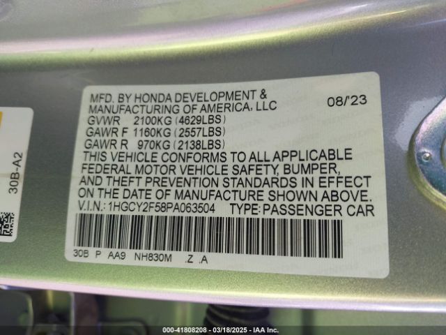 1HGCY2F58PA063504 Honda Accord Hybrid Sport