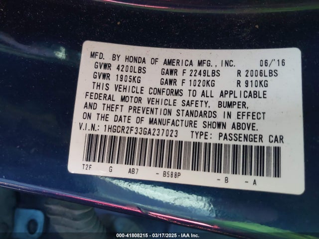 1HGCR2F33GA237023 Honda ACCORD LX