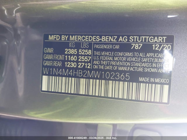 41808249 :رقم المزاد ، W1N4M4HB2MW102365 vin ، 2021 Mercedes-benz Glb 250 4matic مزاد بيع
