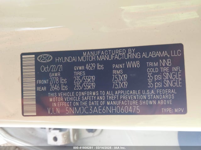 5NMJC3AE6NH060475 Hyundai TUCSON SEL
