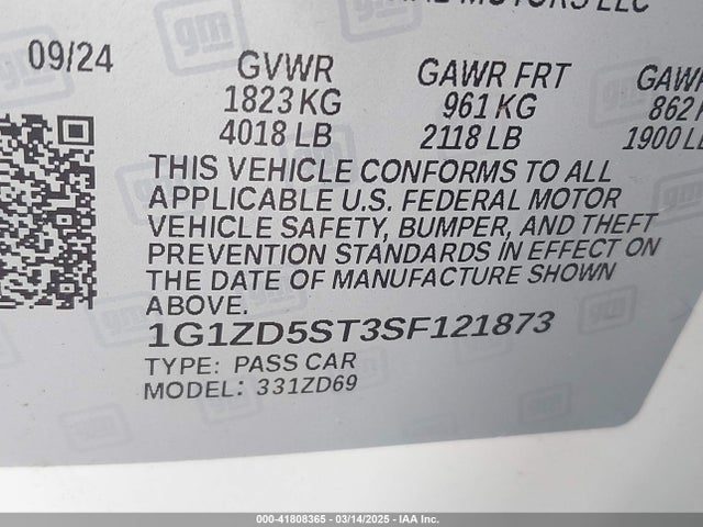 1G1ZD5ST3SF121873 Chevrolet Malibu Fwd 1lt