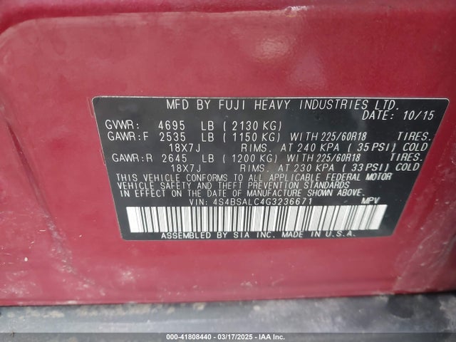 4S4BSALC4G3236671 Subaru 2.5l u5