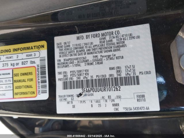3FA6P0UU4JR101262 Ford Fusion Hybrid S
