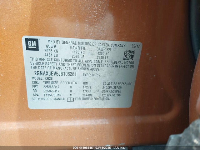 2GNAXJEV5J6106261 Chevrolet EQUINOX LT