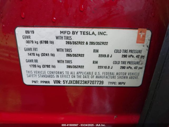 5YJXCBE23KF207739 Tesla Model X 100d/75d/long Range