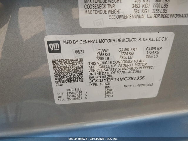3GCUYEET4MG387356 Chevrolet lm2 - cri, vgt, alum