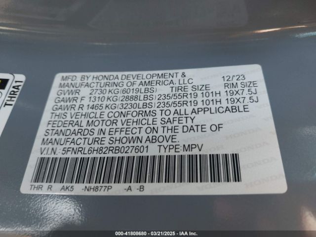 5FNRL6H82RB027601 Honda Odyssey Touring