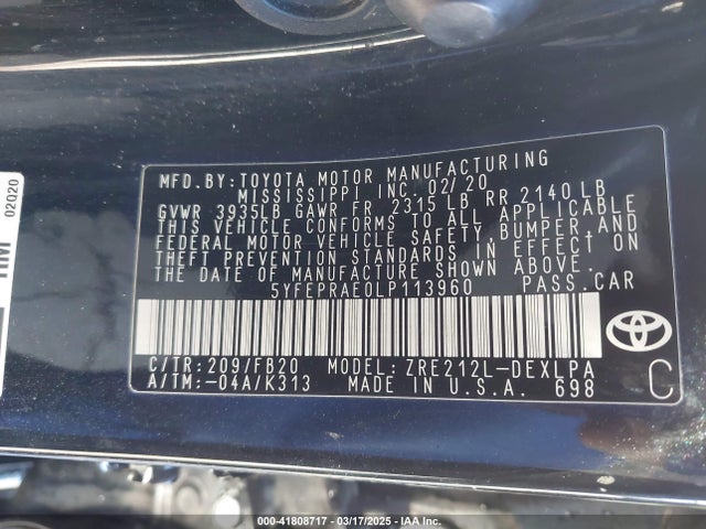 5YFEPRAE0LP113960 Toyota COROLLA LE