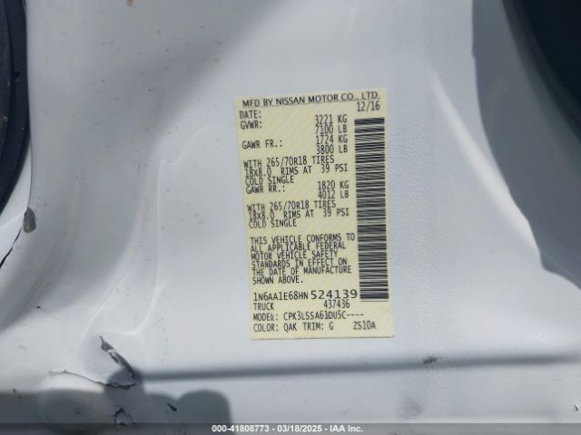1N6AA1E68HN524139 Nissan TITAN SV