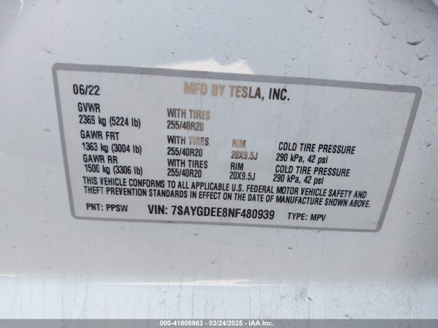 2022 TESLA MODEL Y 7SAYGDEE8NF480939 Photo 8
