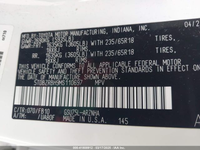 5TDBZRBH9MS110697 Toyota Highlander Le
