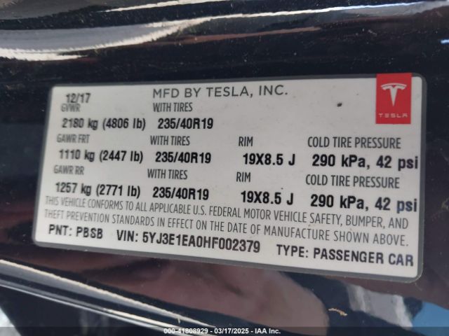 5YJ3E1EA0HF002379 Tesla Model 3 Long Range/standard