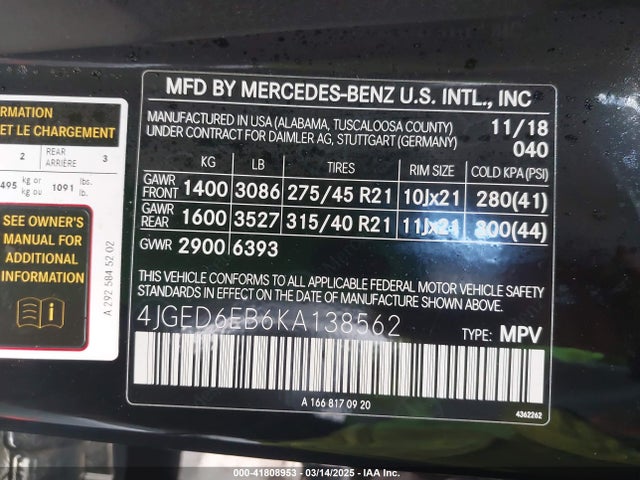 4JGED6EB6KA138562 Mercedes-Benz m276
