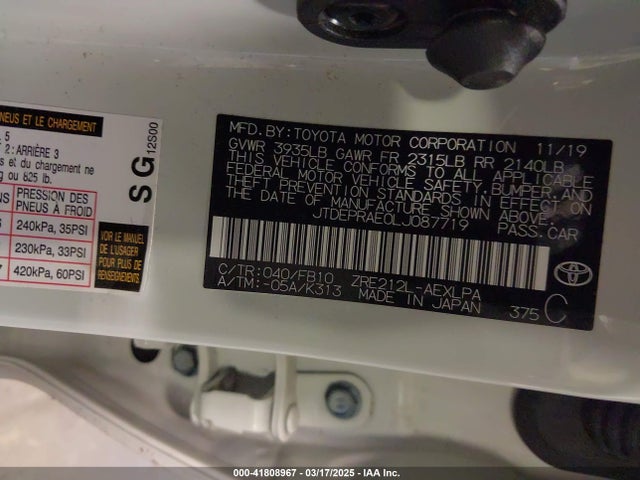JTDEPRAE0LJ087719 Toyota COROLLA LE