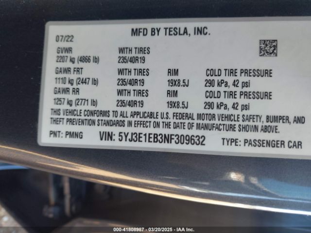 5YJ3E1EB3NF309632 Tesla Model 3 Long Range Dual Motor All-wheel Drive