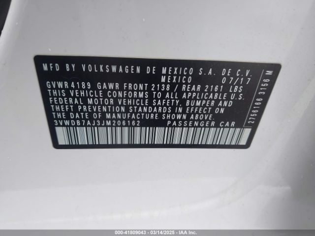 3VWDB7AJ3JM206162 Volkswagen Jetta 1.4t Se/1.4t Wolfsburg Edition