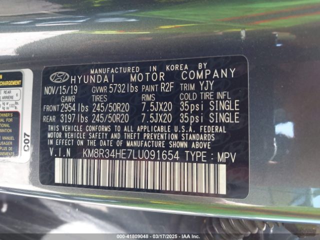 KM8R34HE7LU091654 Hyundai Palisade Sel