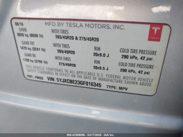 5YJXCBE23GF016345 Tesla Model X 60d/70d/75d/90d/p100d