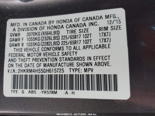Honda k24w9 2016 2HKRM4H55GH615725 Image 9