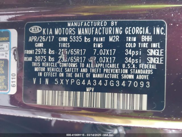 5XYPG4A34JG347093 KIA Sorento 2.4l Lx