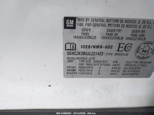 3GNCJKSB0JL231433 Chevrolet TRAX LS