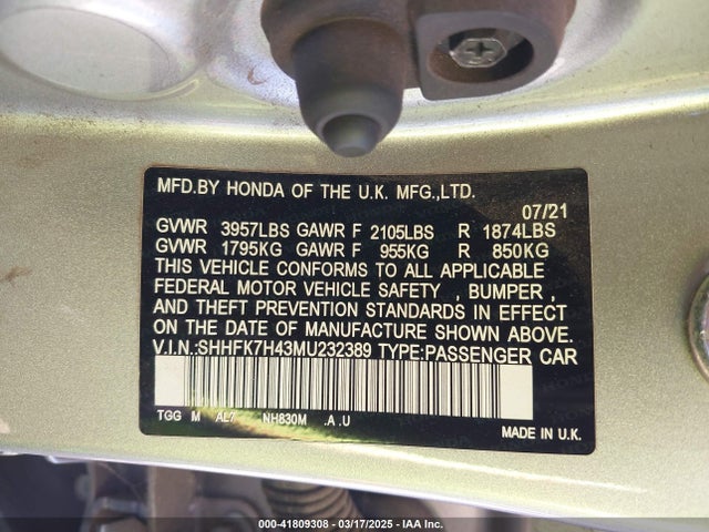 SHHFK7H43MU232389 Honda Civic Sport