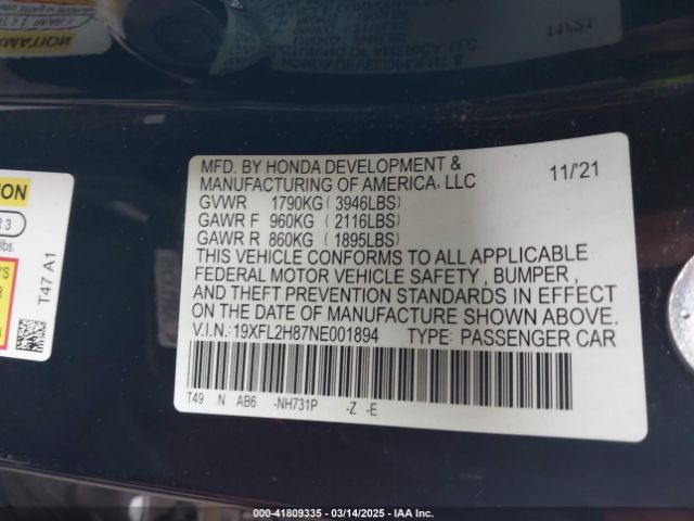 19XFL2H87NE001894 Honda Civic Sport